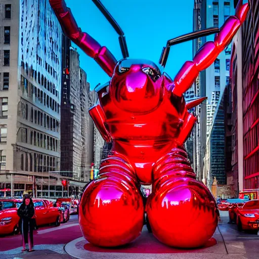 Prompt: an street photograph of a giant metallic red lobster sculpture in the center of a new york street, a large crowd have gathered, by Claes Oldenburg and jeff koons, pop art, reflections, 3D render, Volumetric dynamic lighting, Highly Detailed, Cinematic Lighting, Unreal Engine, 8k, HD