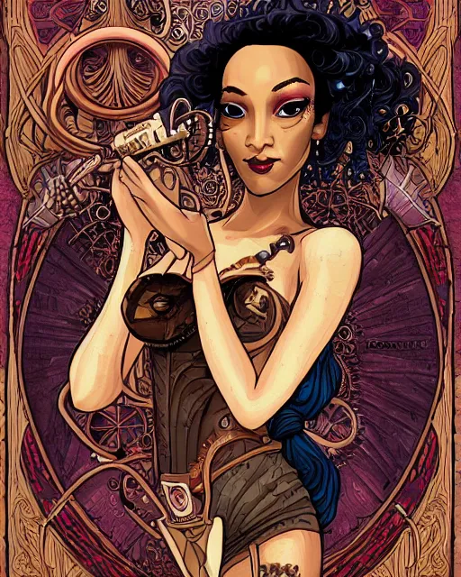 Prompt: a detailed portrait illustration of a steampunk mage - courtesan. beautiful black female face. art nouveau, pop art, comic book style. influenced by neil gaiman, h. p. lovecraft, dan mumford, brian froud, julie bell, killian eng, ross tran.