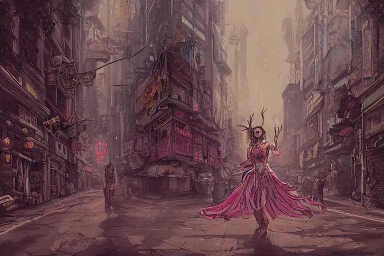 Image similar to a young woman in a rococo dress as shaman dancing in with spirits in ornate cyberpunk city street, 2am, by Chiara Bautisya, annihilation movie blade runner movie, Prometheus movie in style of Laurie Greasley, Jen Bartel, Background by Tarmo Juhola, kowloon, cinematography Roger Deakins,