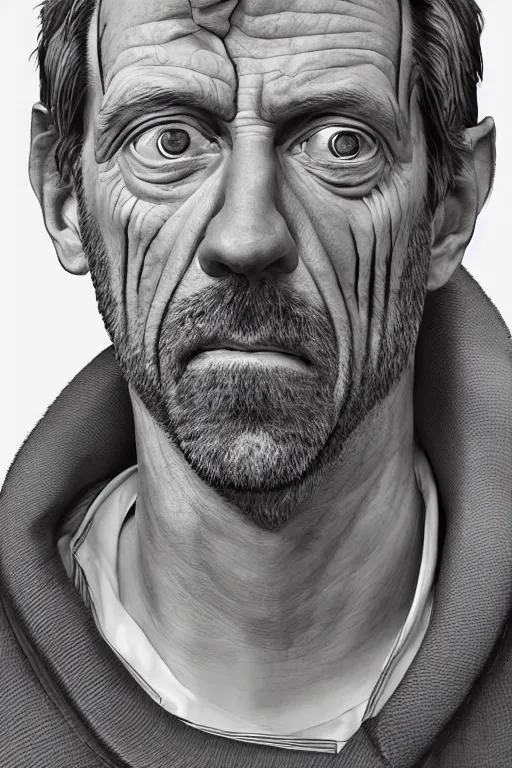 Image similar to cinematic portrait of Dr House. Centered, uncut, unzoom, symmetry. character illustration. Surreal render, ultra realistic, zenith view. Polished. Inspired by patricio clarey, heidi taillefer scifi painter glenn brown. Extremely ornated. artstation, cgsociety, unreal engine, ray tracing, detailed illustration, hd, 4k, digital art, overdetailed art. Dslr, tiltshift, dof. 64megapixel. complementing colors. Trending on artstation, deviantart,