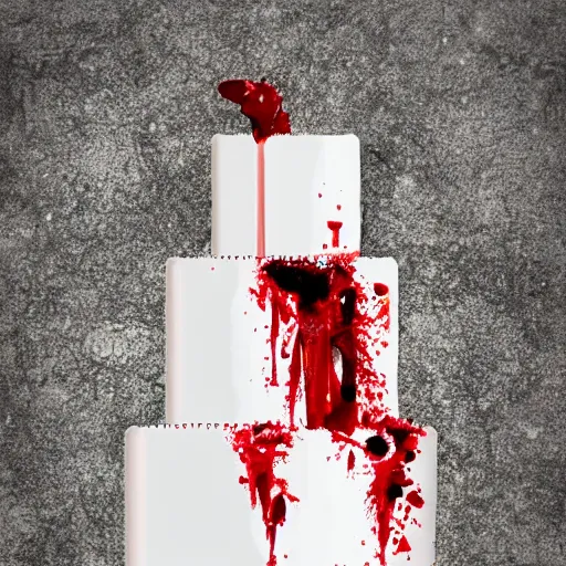 Image similar to wedding cake knife slice with blood dripping from the slice in a surrealistic style