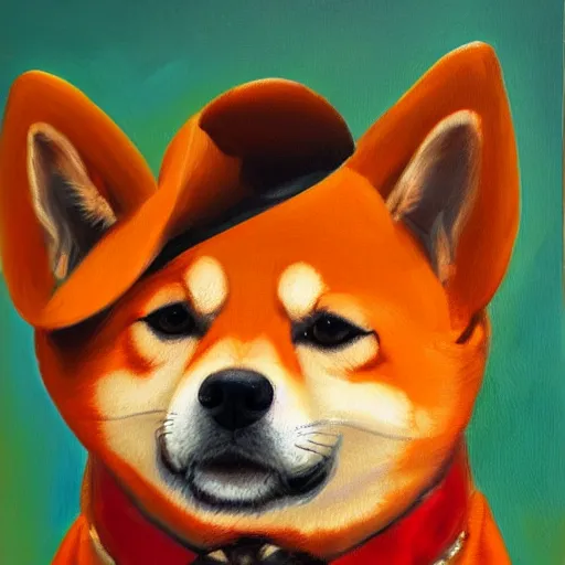Image similar to oil painting of a shiba inu dog wearing a sombrero, orange background