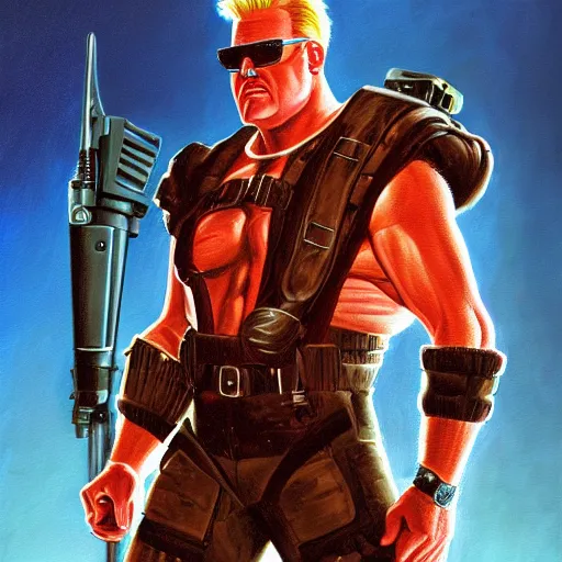 Prompt: portrait painting of duke nukem, art by larry elmore, 4 k,, highly detailed, epic lighting