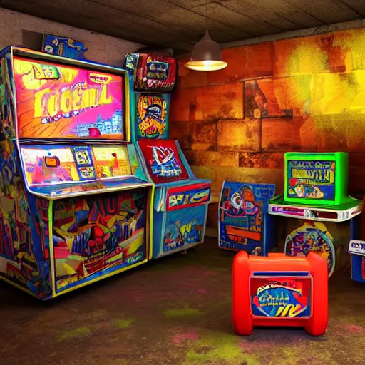Prompt: large Mancave full of 80s toys games arcade games and wall posters Stuffy atmosphere, shadows, vintage, highly detailed, abandoned, octane render, blender, --width 768 4k