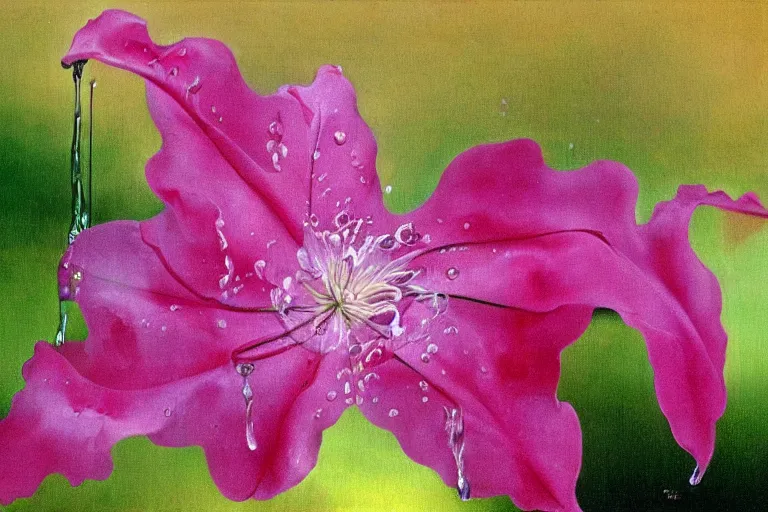 Image similar to pink dripping clematis flower liquefying, each petal dripping with many droplets of viscous pink liquid by salvador dali, oil on canvas