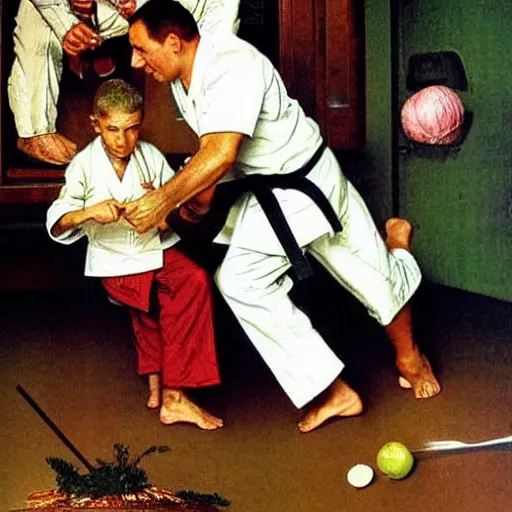 Prompt: benjamin netanyahu karate chopping a cabbage while wearing karate uniform, by norman rockwell, highly detailed