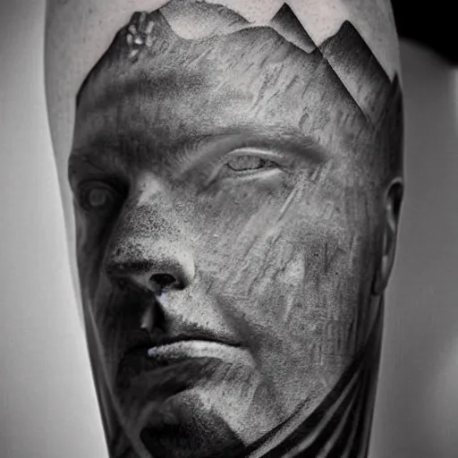 Prompt: double - exposure effect of davids statue face blended with the most beautiful mountains, in the style of dan mountford, amazing detail, black and white, tattoo sketch