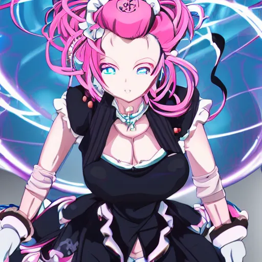 Image similar to stunningly beautiful omnipotent megalomaniacal anime goddess who looks like junko enoshima with symmetrical perfect face and porcelain skin, pink twintail hair and mesmerizing cyan eyes, looking down upon the viewer and taking control, mid view from below her feet, hyperdetailed, 2 d anime, 8 k