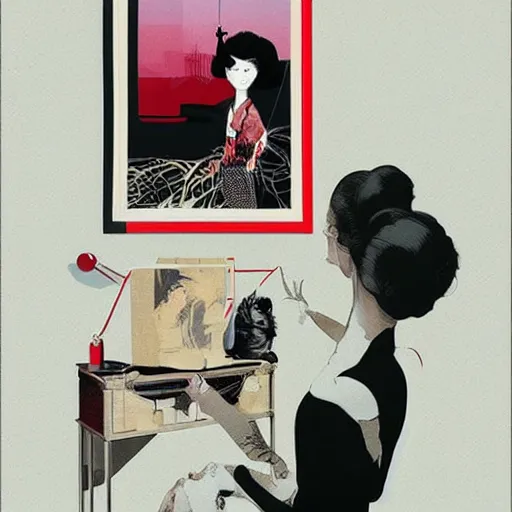 Prompt: intrusive thouhts by toshiko okanoue and conrad roset, screen print, limited colors