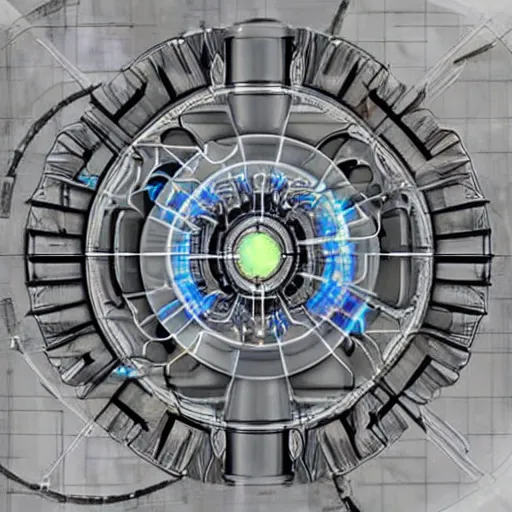 Image similar to photo of blueprint of fusion reactor designed by leonardo davinci