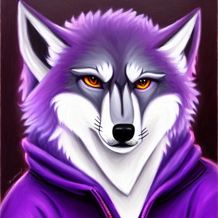 Image similar to a painting of a purple anthropomorphic male wolf fursona wearing a hoodie, furry art, oil on canvas, soft lighting, goatee, cute