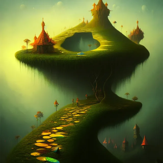 Image similar to a beautiful dark acrylic painting of a dark fantasy land by Raja Ravi Varma and Gediminas Pranckevicius, trending on ArtStation.