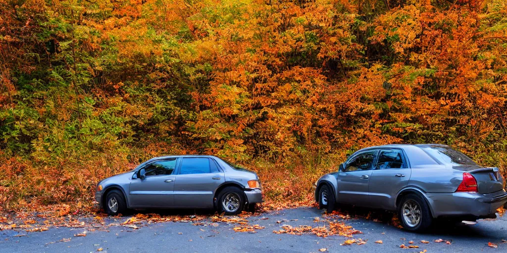 Prompt: A photo of a giant tarantula waits behind a car in autumn pennsylvania