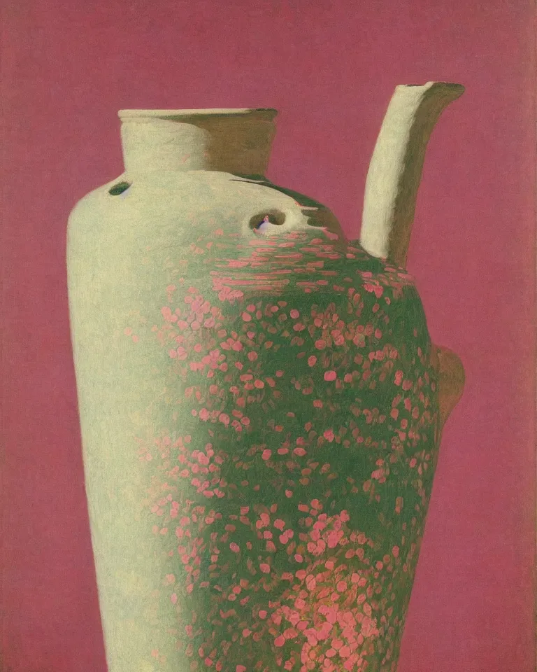 Image similar to achingly beautiful print of intricately painted ancient greek amphora on a pink background by rene magritte, monet, and turner.