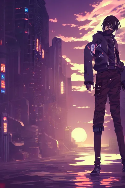 Image similar to beautiful anime man in a cyberpunk environment, sunset, very accurate and detailed, 8k