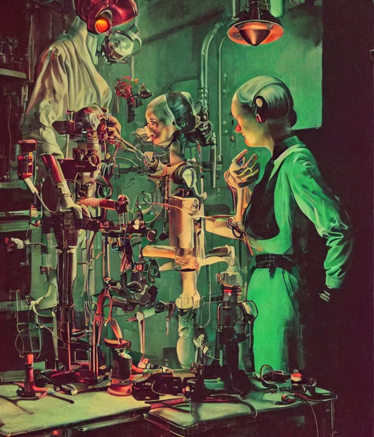 Prompt: a female mad scientist building a humanoid robot, in a darkly lit laboratory room, 1 9 5 0 s horror movie poster style, norman rockwell oil painting, close - up shot, retro science fiction, vintage, saturated pink and green lighting, shadowy lighting, cohesive