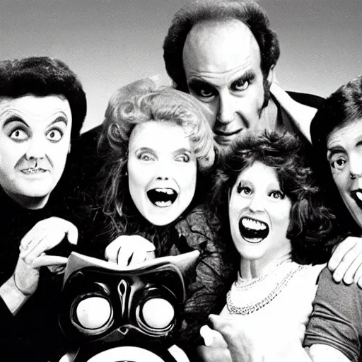 Image similar to vintage 1 9 8 0's sitcom publicity photo, a happy photogenic family wearing black cult robs and a large giant evil demonic horrifying angry detailed monstrous demon creature inside a 1 9 8 0's sitcom living room