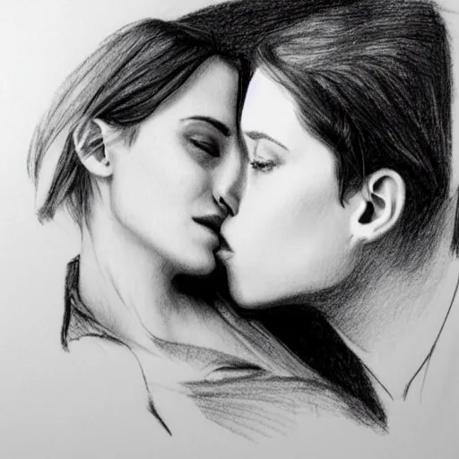 Image similar to emma watson kissing anne hathaway pencil sketch,