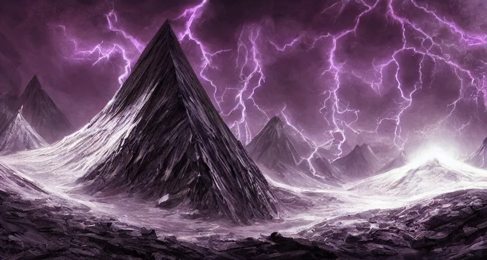 Image similar to black lovecraftian eldritch!! obsidian pyramid!! purple light beams on a snowy mountain, being found by explorers, snowy, windy, by eugene von guerard, ivan shishkin, night, red lightning!!, storm!, dramatic lighting, concept art, trending on artstation, 8 k