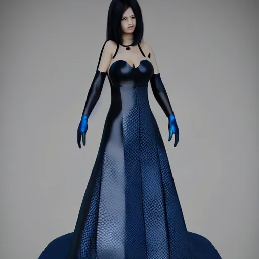 Image similar to curvy feminine hot goth cutie with sublime modest elegant patterned blue-black snakeskin leather neck-high gown, cgsociety, photorealistic, comfy ambience, idealistic, 16k, smooth, sharp focus, trending on ArtStation, volumetric lighting, fully clothed, worksafe