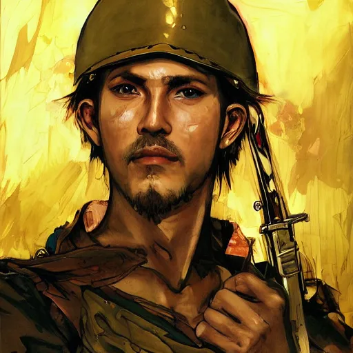 Image similar to portrait of a hero holding his sword in front of his face by yoji shinkawa, high quality, extra details, realism, ornate, colored, golden chain, blood, white skin, short hair, brown eyes, vivid, sunlight, dynamic, american man, freedom, white american soldier, painting, futurist, military, forest scenery