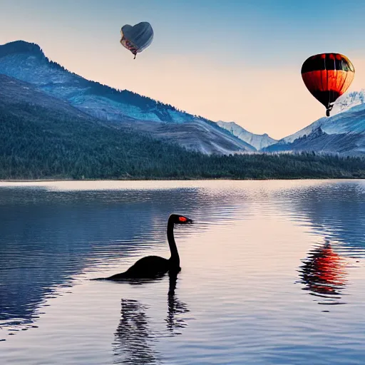 Image similar to photo of two black swans touching heads in a beautiful reflective mountain lake, a colorful hot air balloon is flying above reflecting off water, hot air balloon, intricate, 8k highly professionally detailed, centered, HDR, CGsociety