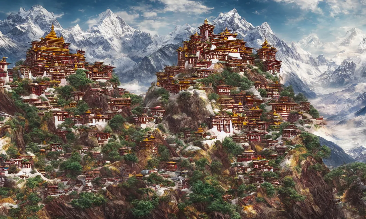 Image similar to Breathtaking Tibetan monastery, snowcapped mountains,mvivid colors, high details, cinematic, 8k resolution, beautiful detailed, photorealistic, digital painting, artstation, concept art, smooth, sharp focus, illustration, fantasy background, artstation trending, octane render, unreal engine