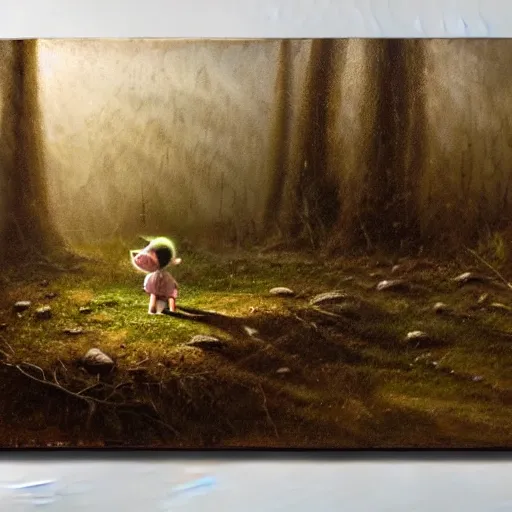 Prompt: high - angle view, shot from 5 0 feet distance, baby yoda strolls on a well lit path in a dimly lit forest. dramatic clouds, setting sun. oil on canvas painting,, light, shadow, contrast, detailed, depth, volume, chiaroscuro, drama, quiet intensity, serene, willem kalf,