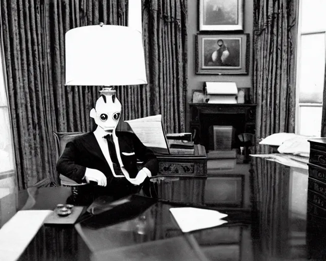 Prompt: a b-move alien lizard man wearing a suit, in the oval office, 1951, early black and white photo, cdx