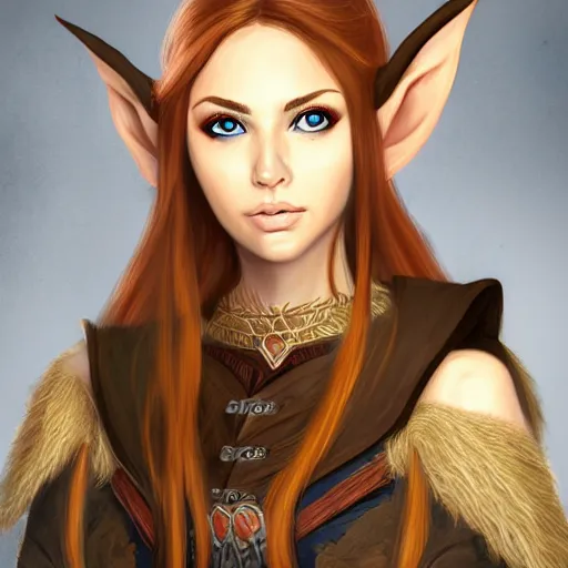 Prompt: portrait, 30 years old women :: fantasy elf :: amber eyes, long straight darkblond hair :: attractive :: green and brown medieval cloting, natural materials, backpack :: high detail, digital art, RPG, concept art, illustration