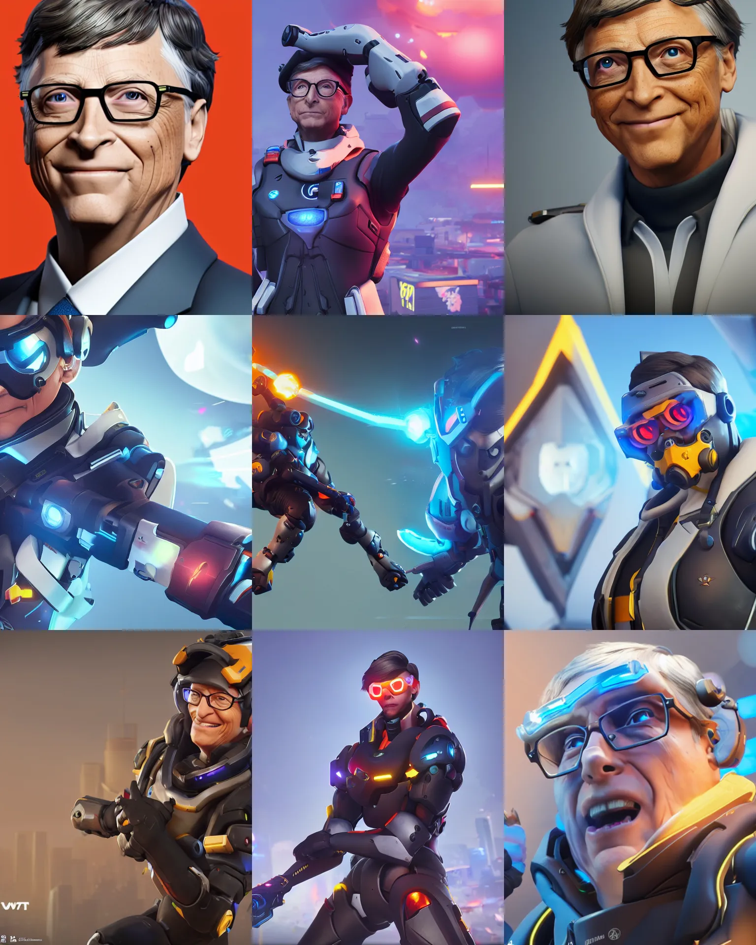 Prompt: bill gates in overwatch, overwatch fanart, trending on artstation, 8 k, octane render