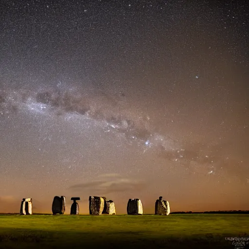 Prompt: a high - quality photo of the perseid meteor shower over stonehenge, isometric, realistic, milky way, long exposure, iso 1 6 0 0, astrophotography, f 2. 8