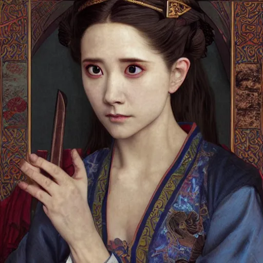 Image similar to a highly detailed portrait of buffy the vampire slayer as a medieval chinese prince, beautiful detail and color, art by john collier and albert aublet and krenz cushart and artem demura and alphonse mucha, volumetric lighting, octane render, 4 k resolution, matte, sharp focus, illustration, art by jacque - louis david, baroque style