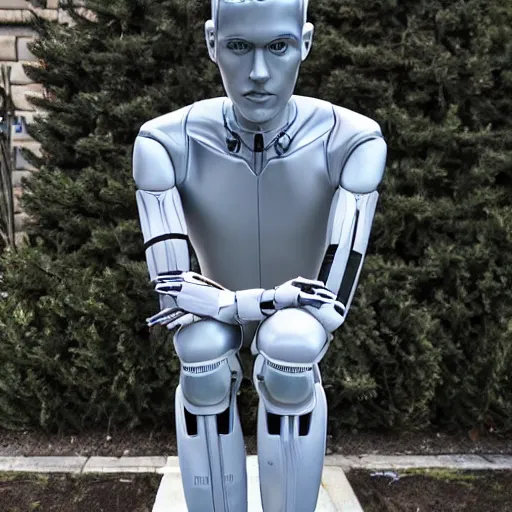 Image similar to a realistic detailed photo of a guy who is an attractive humanoid who is half robot and half humanoid, who is a male android, soccer player martin ødegaard, shiny skin, posing like a statue, blank stare, by the pool, on display, showing off his muscles, humanoid robot, frozen ice statue