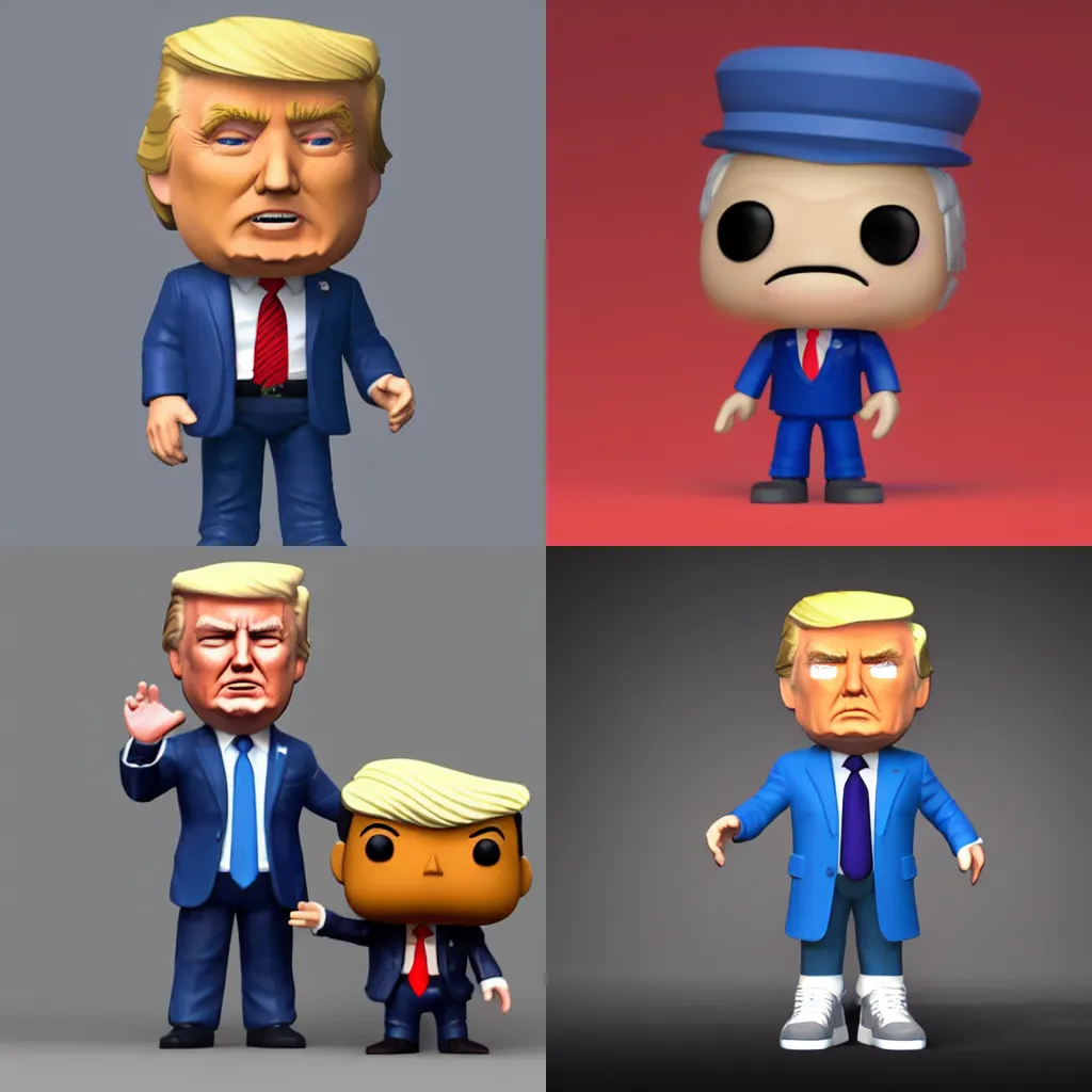 Prompt: full body 3d render of donald trump as a funko pop!, studio lighting, grey background, mini figure, blue suit, single person, no shadow, blender, trending on artstation, 8k, highly detailed