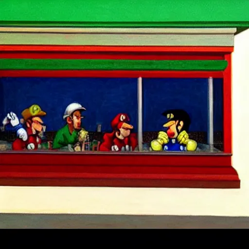 Prompt: nighthawks by hopper, but with super mario characters