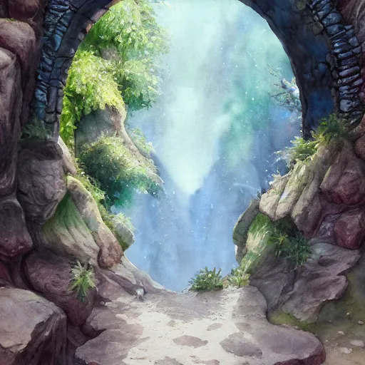 Image similar to portal to a valley, paved, botanic watercolors, iridescent, 8 k, realistic shaded, fine details, artstation, italian, iron gate