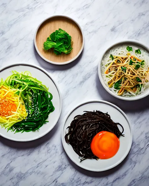 Image similar to realistic photo of delicious bimbimbap, bowl, white kitchen table, cloth, onion, greenery, marble, highly detailed, by louise lister, sara ali, mary devinat, kailee mandel, masterpiece, award winning, food photography