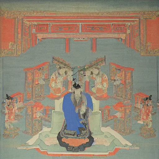 Prompt: the deity in yongle palace mural painting, by wu daozi,