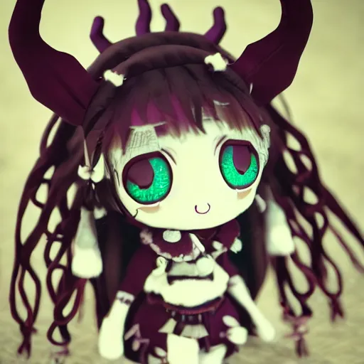 Image similar to cute fumo plush of a goat girl with horns, anime girl, tribal outfit with intricate celtic knot patterns, gothic maiden shaman, pagan goddess, glowing, bokeh, artstation, gamecube