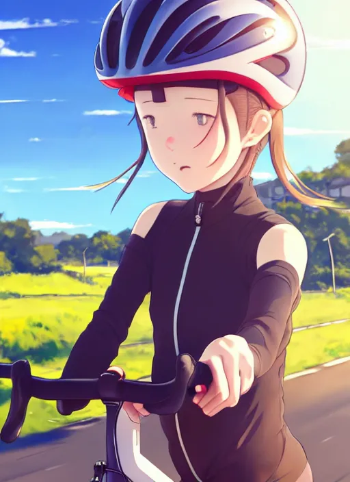 Prompt: portrait of cute girl riding road bike, sunny sky background, lush landscape, illustration concept art anime key visual trending pixiv fanbox by wlop and greg rutkowski and makoto shinkai and studio ghibli and kyoto animation, symmetrical facial features, sports clothing, red road bike helmet, cycling suit, backlit, aerodynamic frame, gta 5