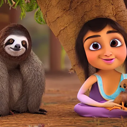 Image similar to a beautiful young indian cottagecore witch holds a cute sloth, traditional disney animation, highly detailed, still from movie, 8 k render