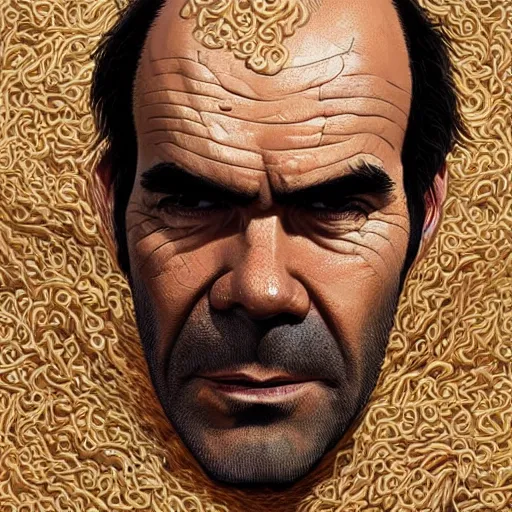 Image similar to trevor philips face made of noodles, highly detailed, digital painting, artstation, concept art, smooth, sharp focus, illustration, art by artgerm and greg rutkowski and alphonse mucha