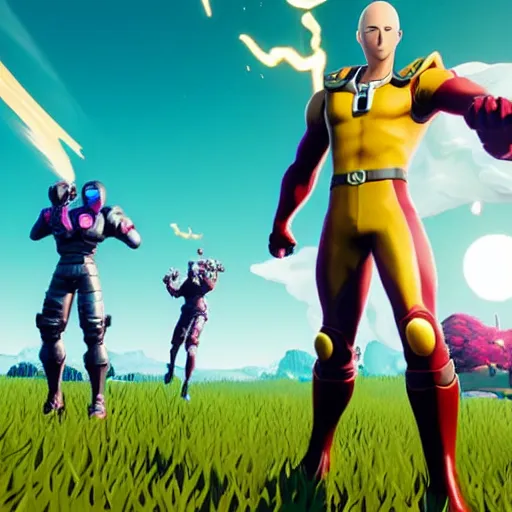 Prompt: one punch man in fortnite, character render, full body shot, highly detailed, in game render