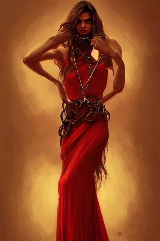 Image similar to deepika padukone, in a red dress, bound with a chair, realistic portrait, symmetrical, angry face, tied with chains, highly detailed, digital painting, artstation, concept art, smooth, sharp focus, illustration, cinematic lighting, art by artgerm and greg rutkowski and alphonse mucha