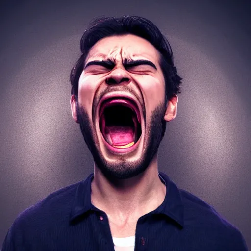 Image similar to incredible cinematic image of the face of a young angry man screaming and inside his mouth the same face screaming, studio shot, dynamic lighting, high definition, highly detailed, photo-realistic, unreal engine render, 16k