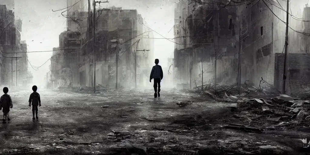 Prompt: A young boy and his father walk down a long road in a grey, ruined, post apocalyptic city, cinematic