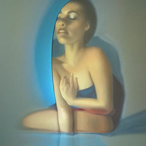 Image similar to cd reflection describing woman in colored shadow in a small with room, details, studio lighting, realism, complex lights