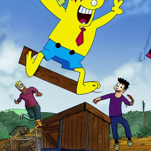 Image similar to sponge bob doing trampoline with rick grimes in the walking dead