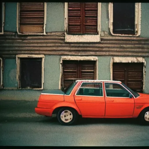 Prompt: low angle shot of russian car in soviet yard with block of flats, cinestill 800t , 80mm ,polaroid, masterpiece, f 1.6, bokeh, mid day in style of william egglestone